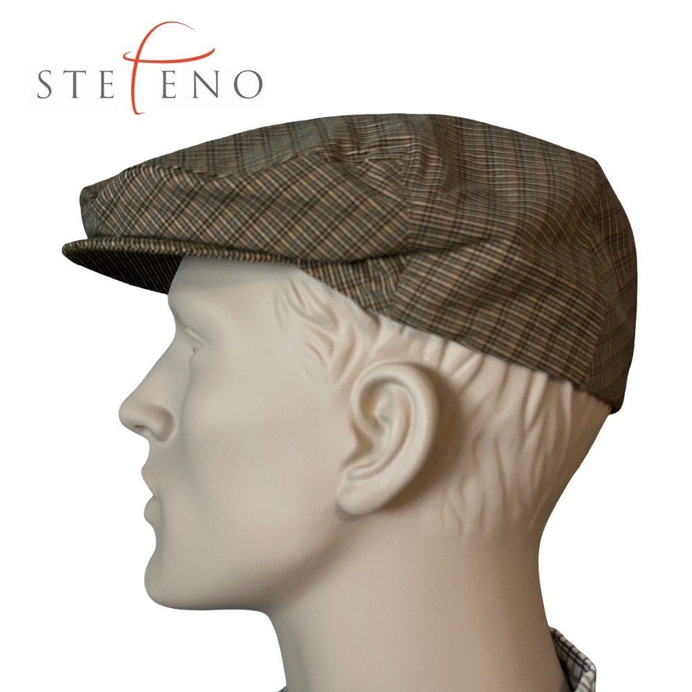 Stefeno Made in Italy Newsboy Flat Cap Hat Micro Plaid Cotton Lined Vintage